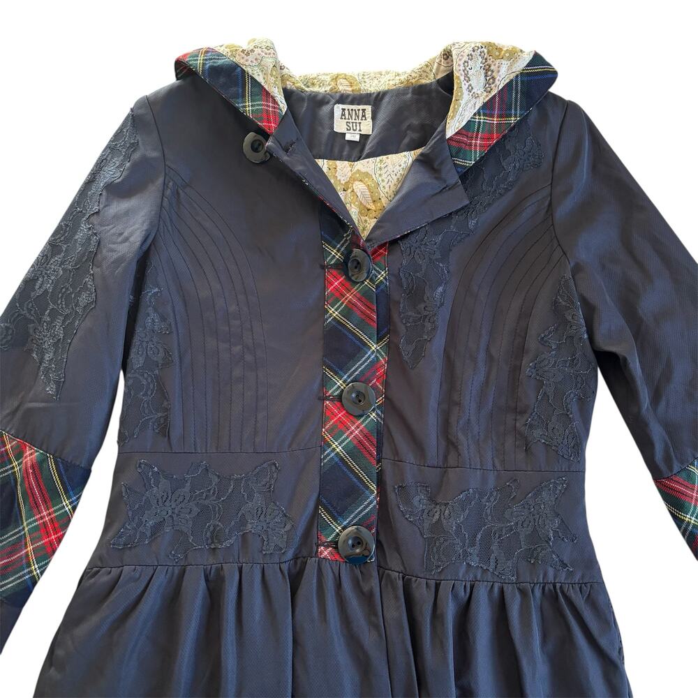 Anna Sui Retro Navy Blue Tartan and Lace Hooded Rain Coat Women’s 38 Small Y2K - Picture 4 of 8